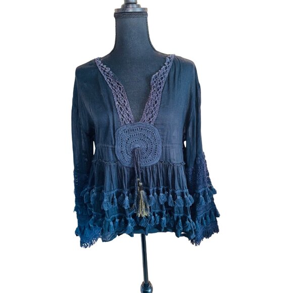 Bohemian Chic Laraethnics Black Cotton Tassel Crochet Top Blouse S/M Sustainable - Picture 4 of 13